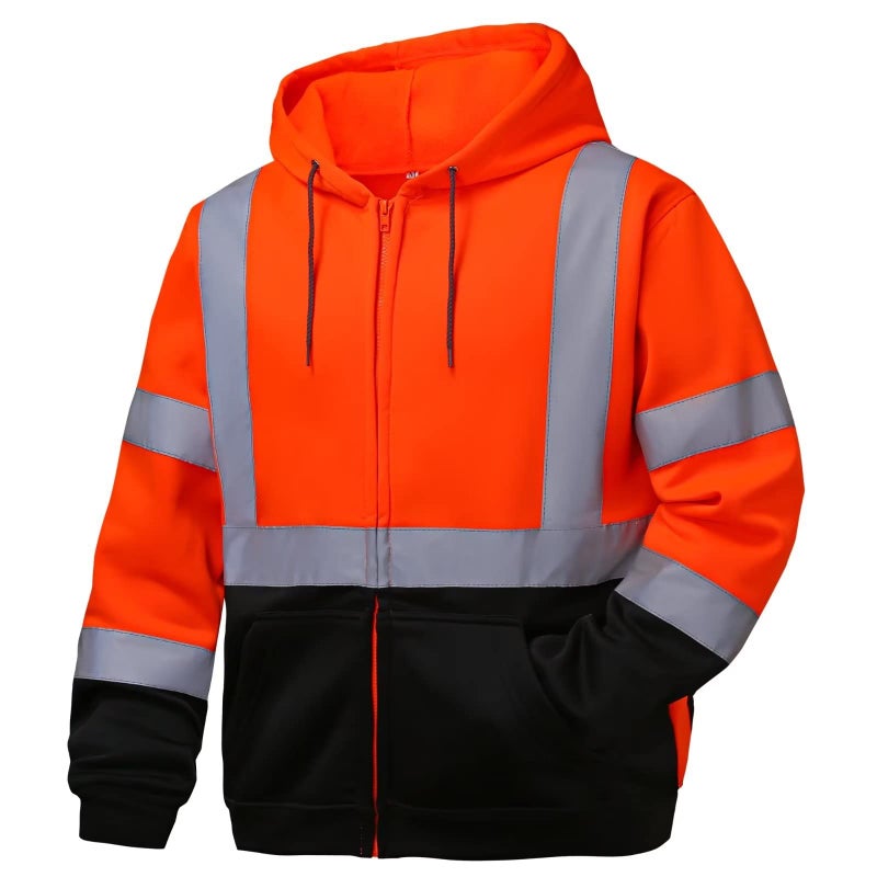 DPSAFETY High visibility Hoodie for Men,Class3 Hi Vis Hoodie with Zipper,Reflective Hooded Hood,Construction work Safety Sweatshirt with Large front Pocket for Men/Women Black Bottom 5XL - Image 1